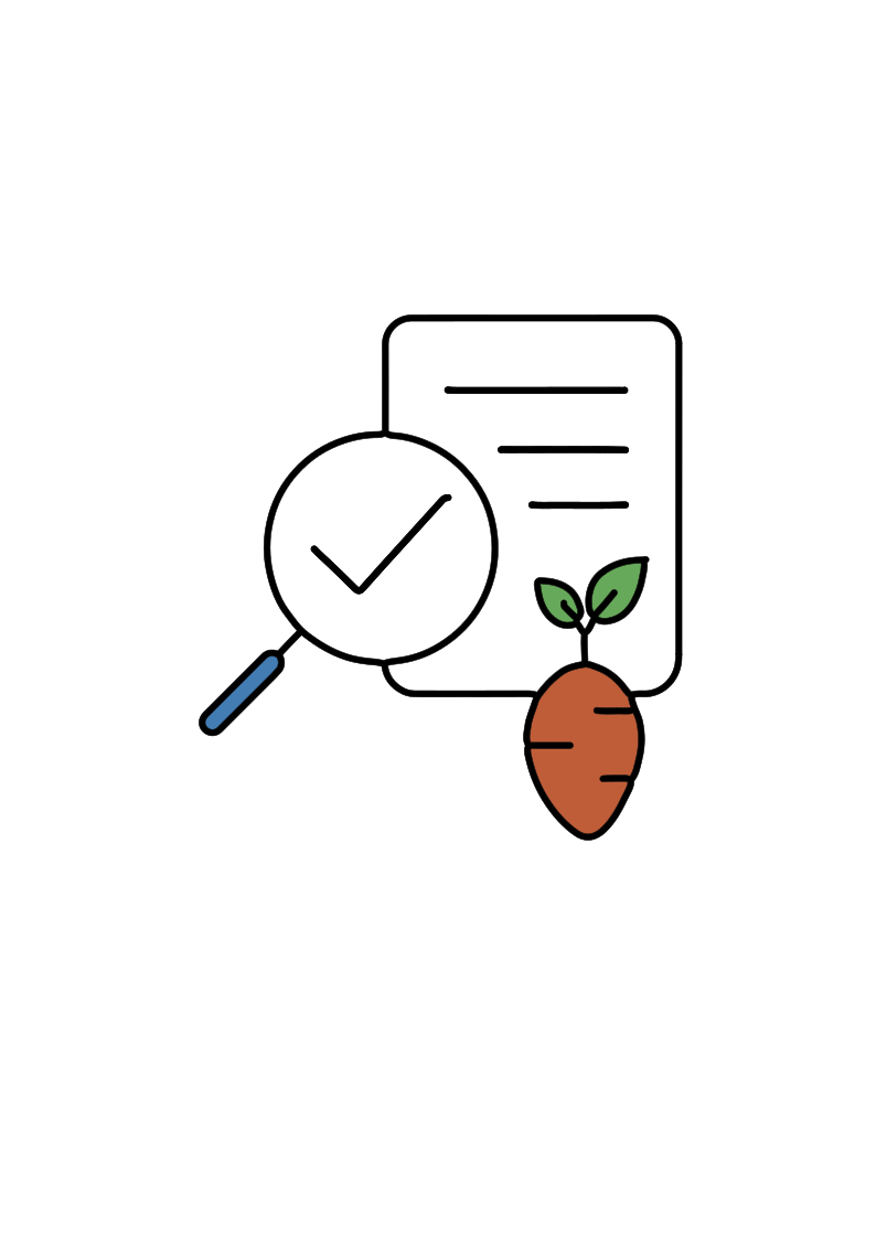 An illustration depicting a magnifying glass with a checkmark, a document with lines, and a carrot, symbolizing research and verification related to agriculture or food.