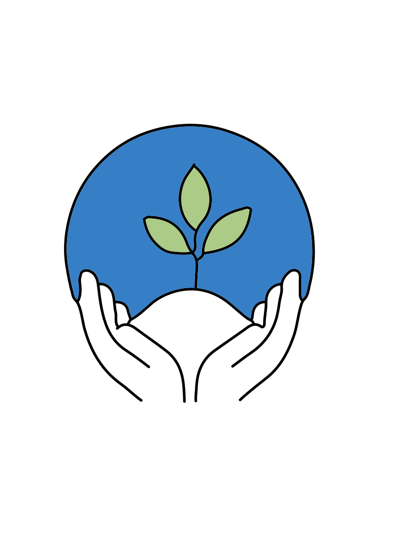 Two hands holding a small plant against a blue circular background