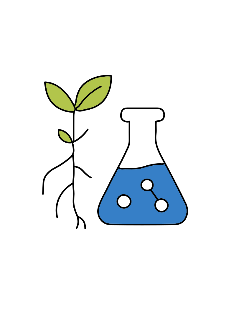 A green plant seedling with roots next to a blue laboratory flask containing three atoms.